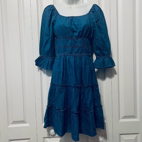 Speed Limit MPH-NWT-Denim/Jean Stretchy Rouching Waist Poet Sleeve-Ruffles-Small - Picture 1 of 16